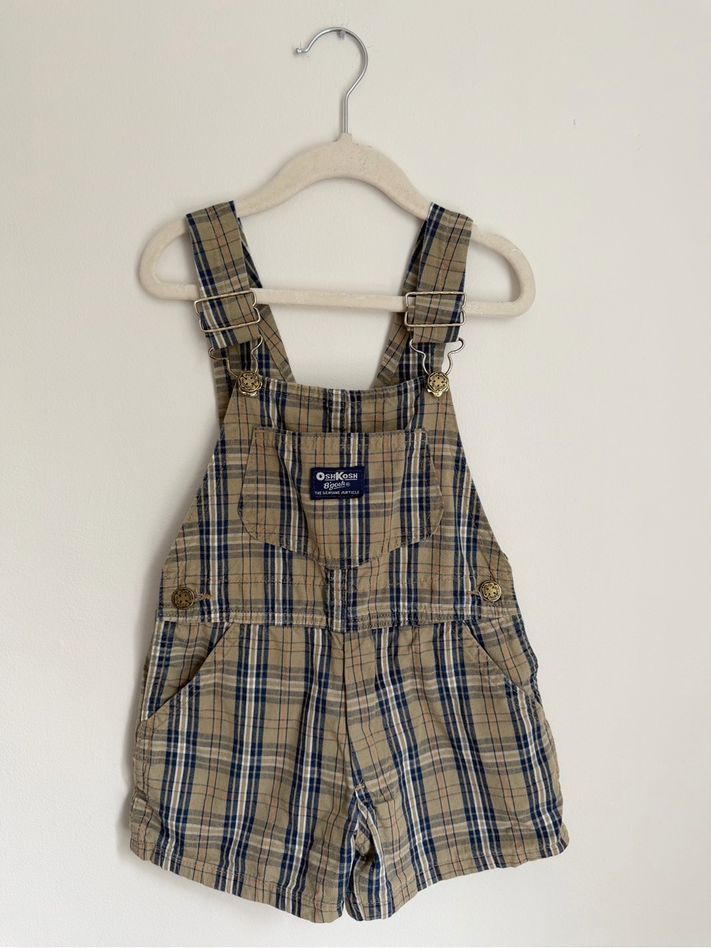 Vintage 90s OshKosh Plaid Short Overalls (Size 5)